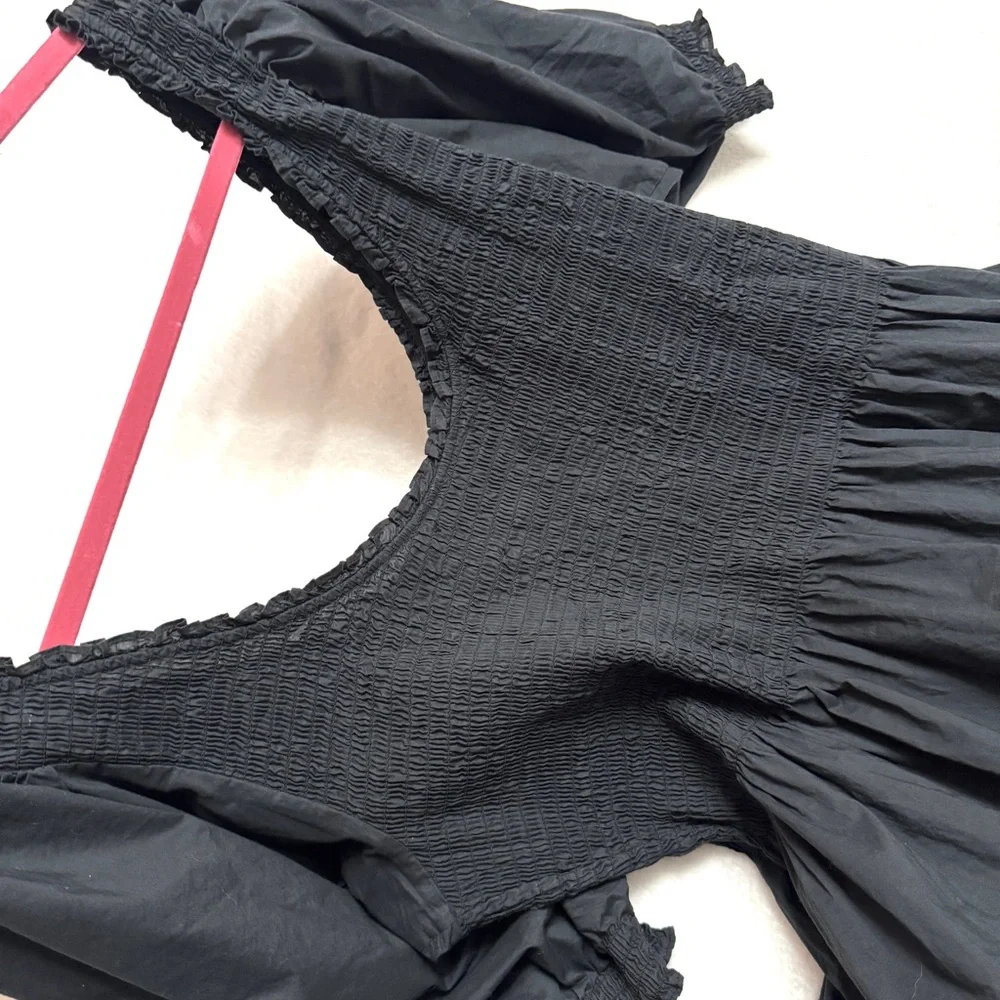Black Smocked Midi Dress with Puff Sleeves - Picture 9 of 10